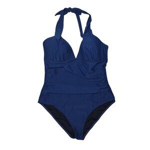 Cupshe Womens Halter One-Piece Swimsuit With Ruched Front XL Blue Nylon, Spandex